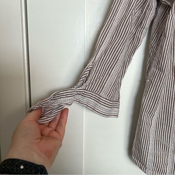 Anne Klein Womens Shirt Blouse Large Brown White Button Front Stripe Tie Sleeve - Picture 4 of 12